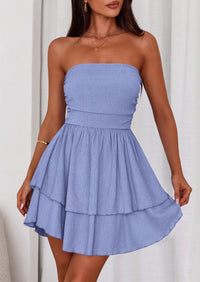 PRETTYGARDEN Women's Summer Strapless Tube Mini Dress Off Shoulder Smocked Ruffle A Line Flowy Short Party Club Dresses