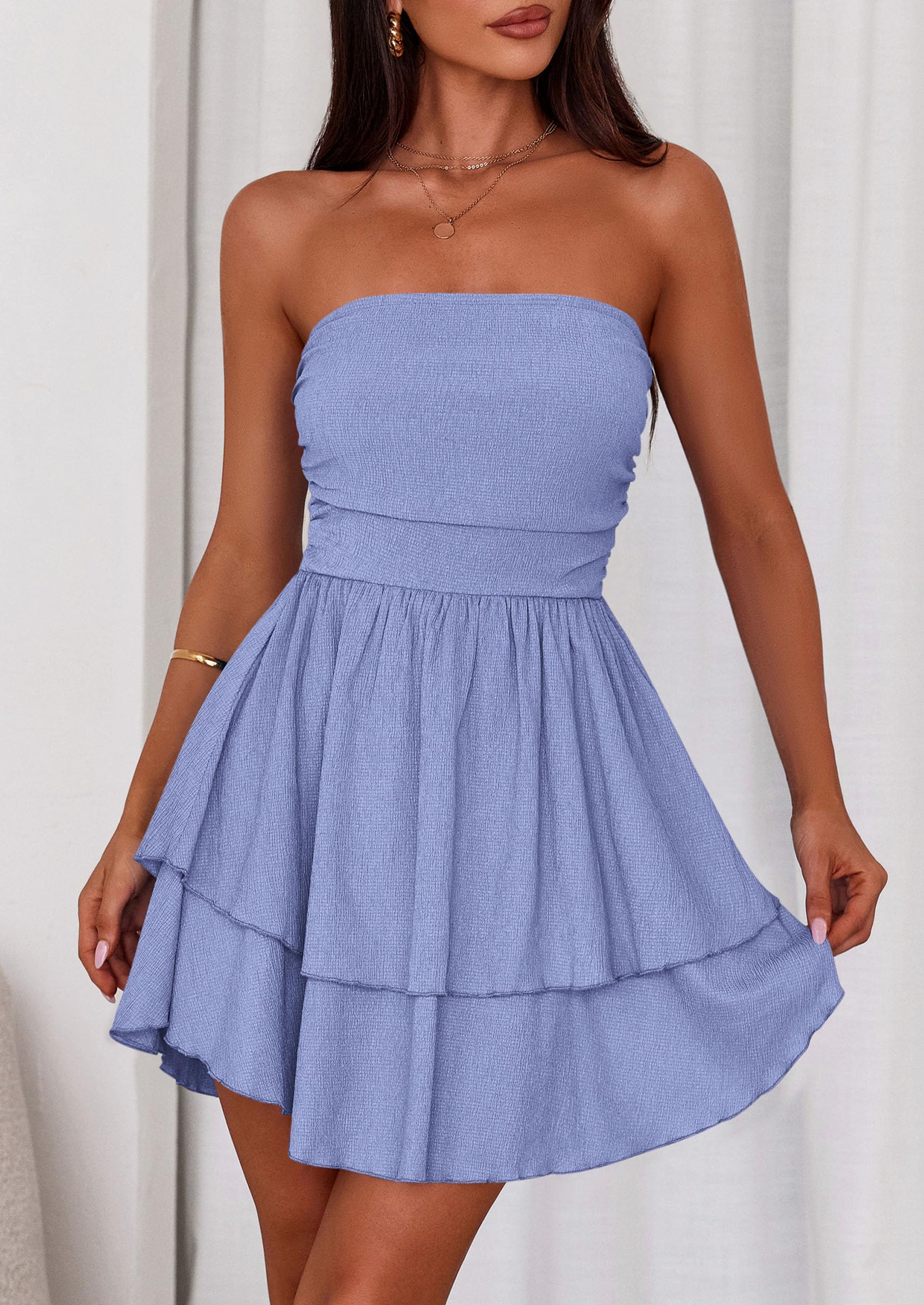 PRETTYGARDEN Women's Summer Strapless Tube Mini Dress Off Shoulder Smocked Ruffle A Line Flowy Short Party Club Dresses