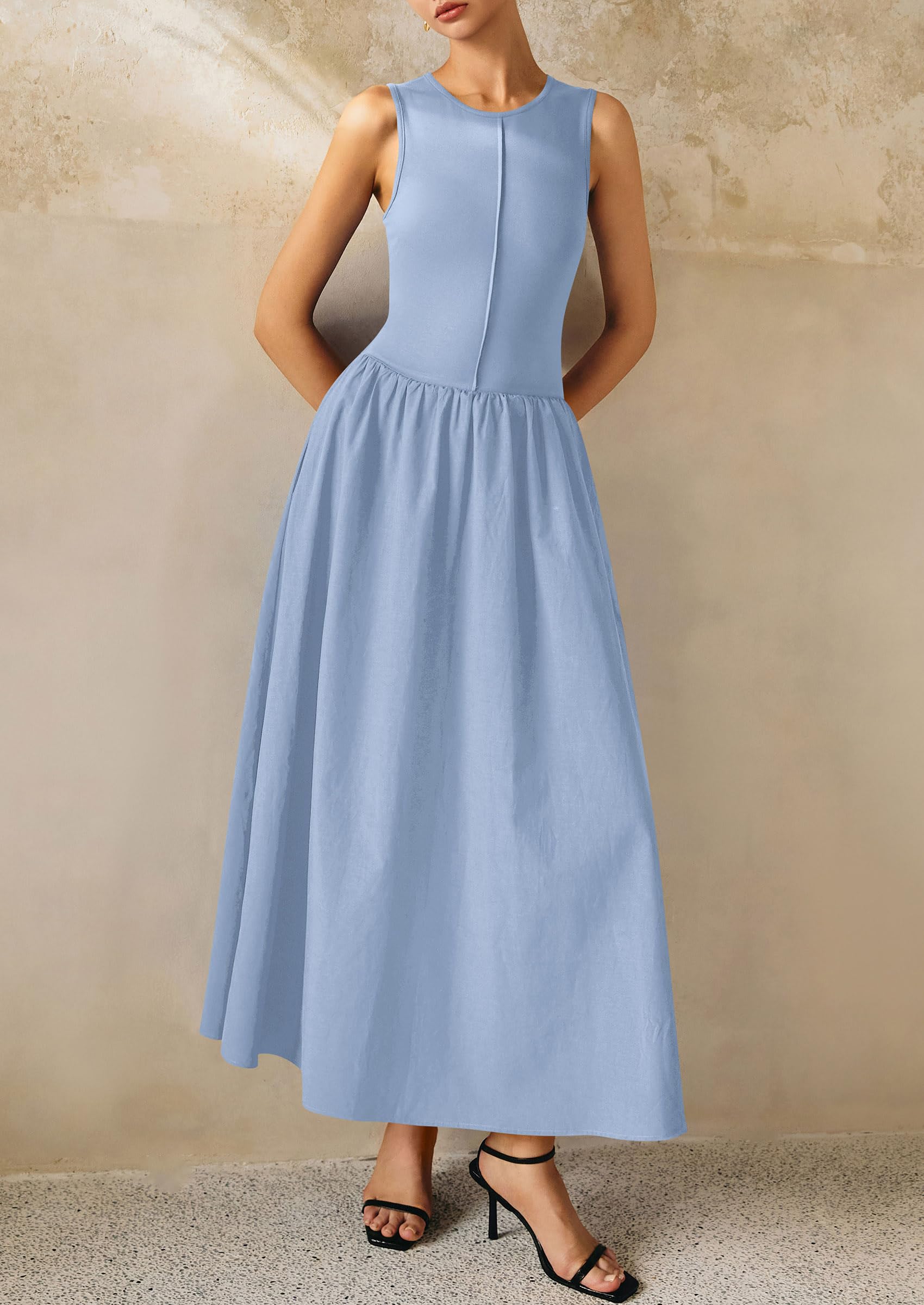 PRETTYGARDEN Women Maxi Dresses Casual Sleeveless Patchwork Knit Tank Dress Flowy Beach Sundress Long Dress