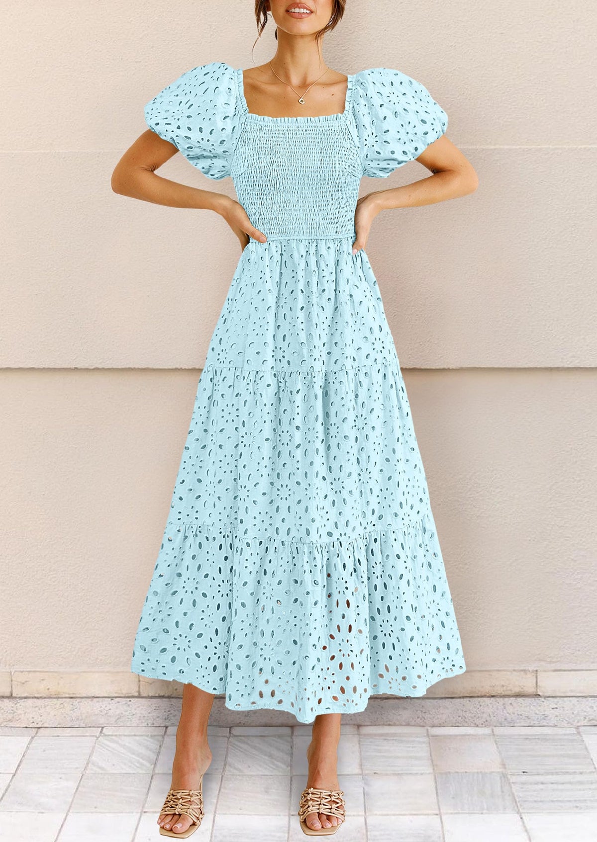 Summer Dresses for Women 2025 Eyelet Square Neck Puff Sleeve Smocked Wedding Guest Maxi Dress with Pockets