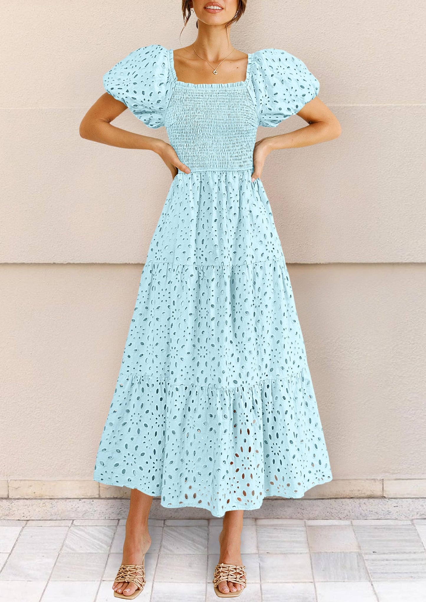 Summer Dresses for Women 2025 Eyelet Square Neck Puff Sleeve Smocked Wedding Guest Maxi Dress with Pockets