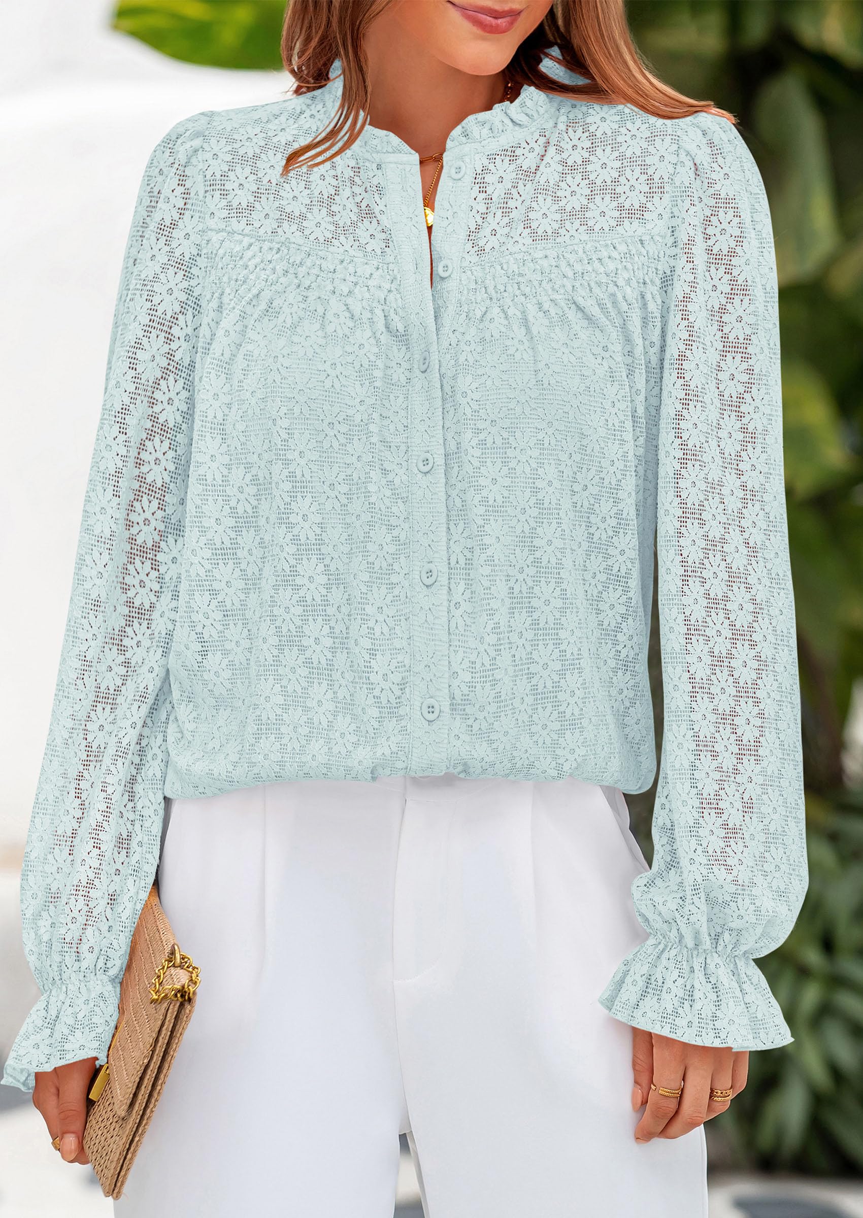 PRETTYGARDEN Lace Long Sleeve Tops for Women Eyelet Blouses Dressy Casual Hollow Out Button Down Shirts Summer Outfits