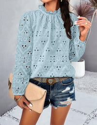 Womens Blouses Dressy Casual Embroidered Long Puff Sleeve Shirts Ruffle Eyelet Lace Top Fall Clothes