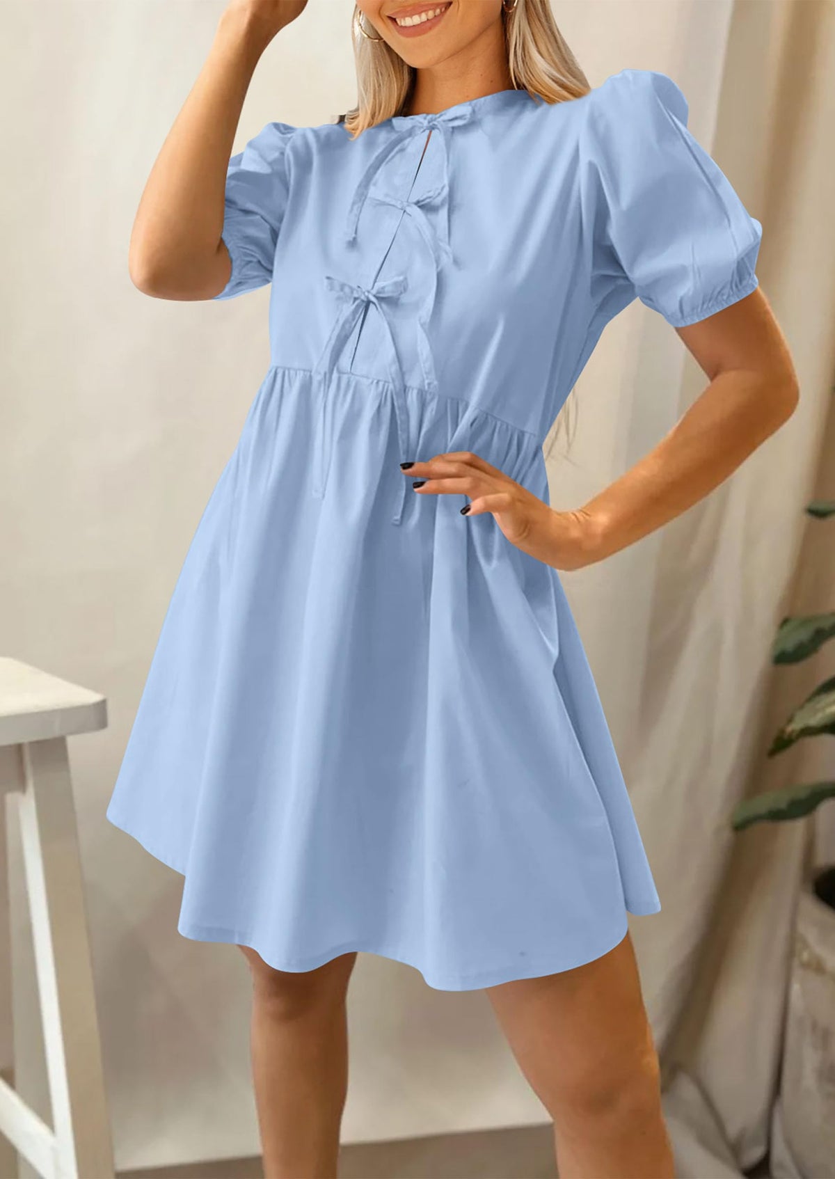 Womens Summer Casual Short Sleeve Dresses A Line Bow Tie Front Babydoll Loose Cute Mini Dress with Pockets