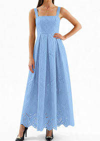 PRETTYGARDEN Womens Sleeveless Maxi Summer Dresses Hollow Out Eyelet Square Neck Ruffle Flowy Beach Vacation Sundress PRETTYGARDEN