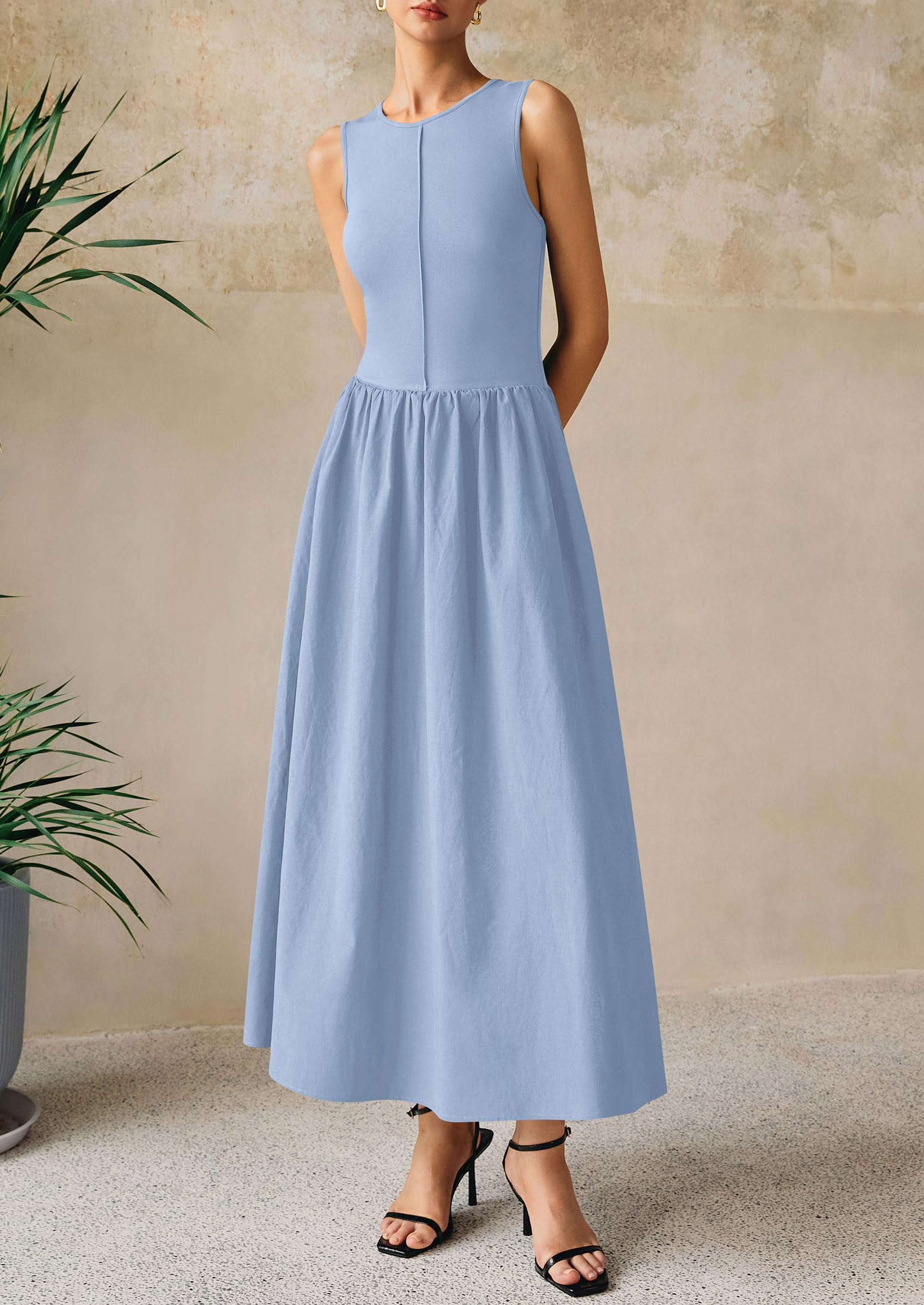 PRETTYGARDEN Women Maxi Dresses Casual Sleeveless Patchwork Knit Tank Dress Flowy Beach Sundress Long Dress