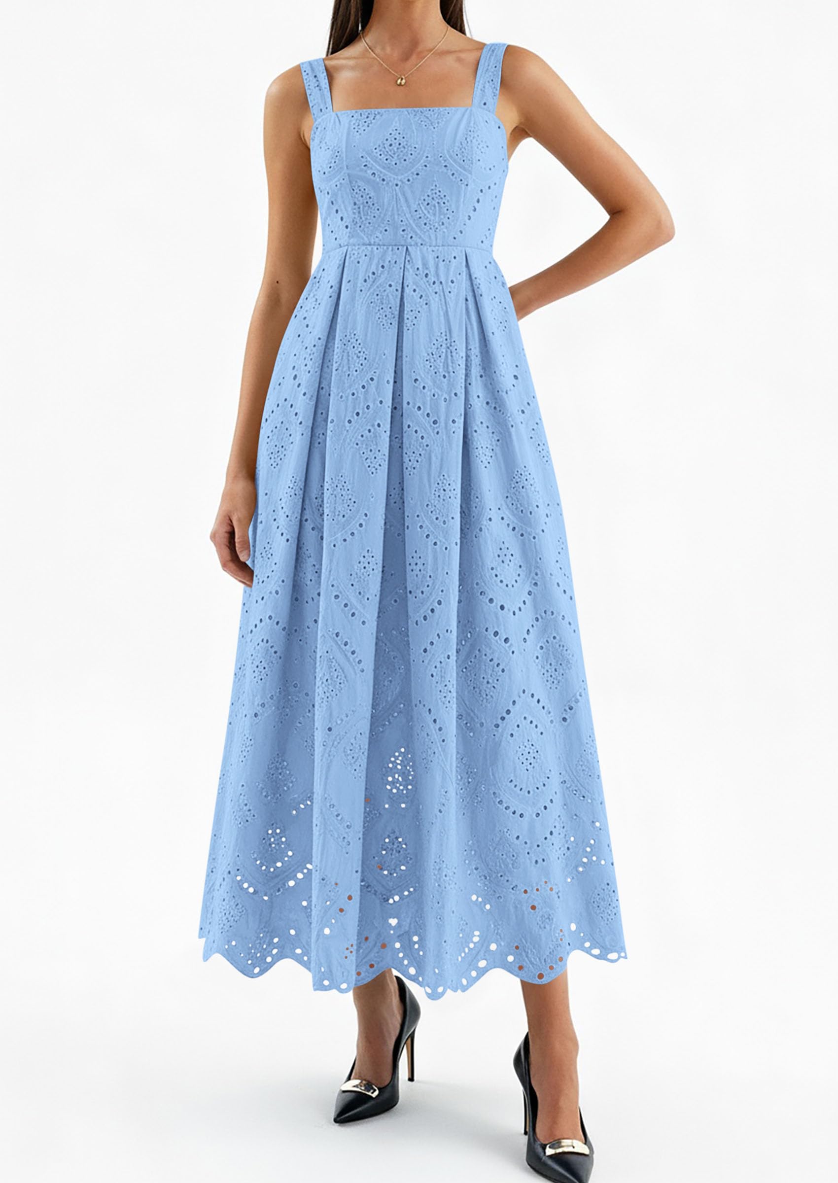 PRETTYGARDEN Womens Sleeveless Maxi Summer Dresses Hollow Out Eyelet Square Neck Ruffle Flowy Beach Vacation Sundress PRETTYGARDEN