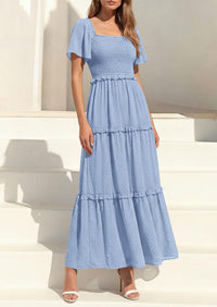 PRETTYGARDEN Summer Dresses for Women Boho Swiss Dot Smocked Square Neck Short Sleeve Spring Wedding Guest Maxi Dress PRETTYGARDEN