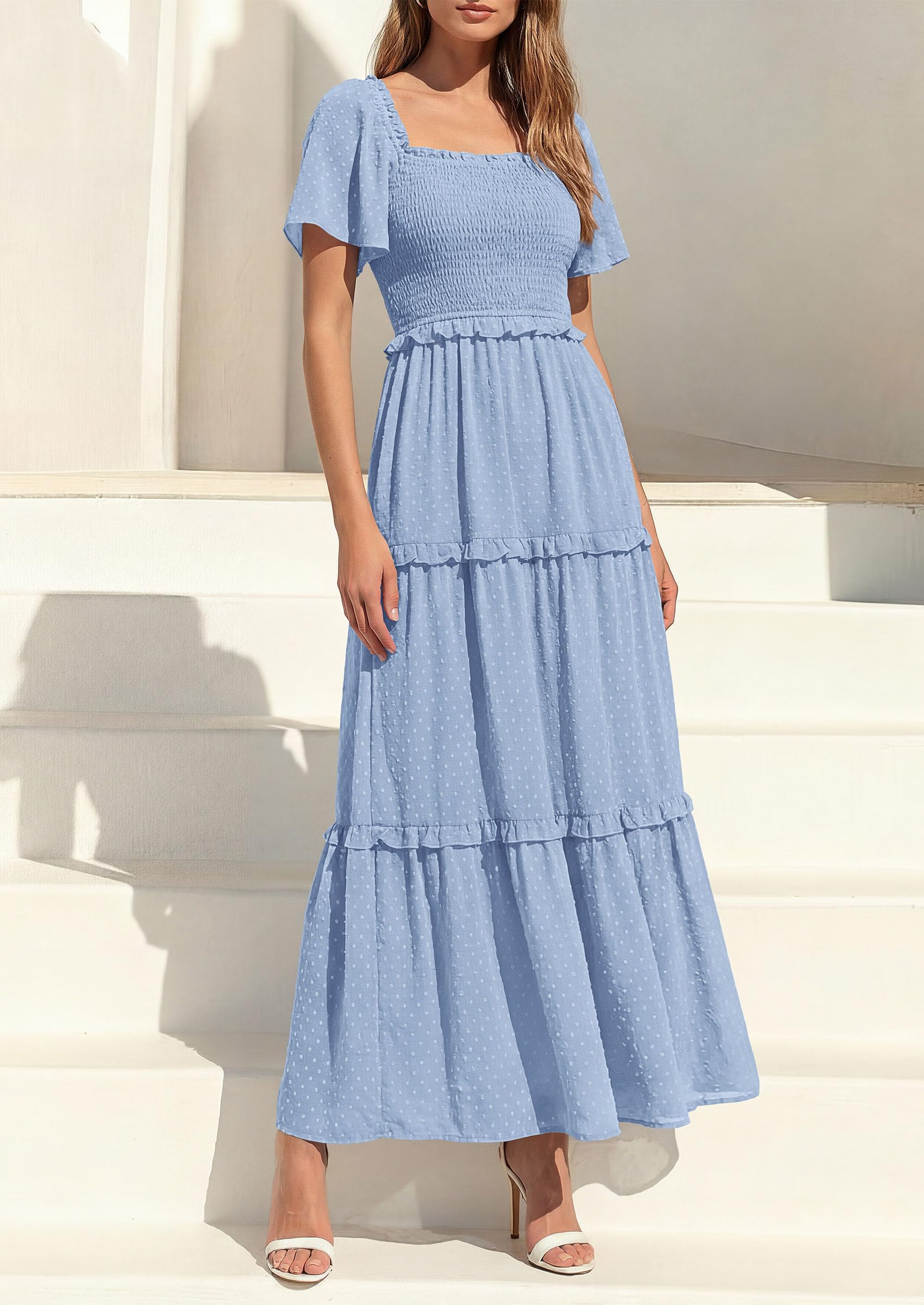 PRETTYGARDEN Summer Dresses for Women Boho Swiss Dot Smocked Square Neck Short Sleeve Spring Wedding Guest Maxi Dress PRETTYGARDEN