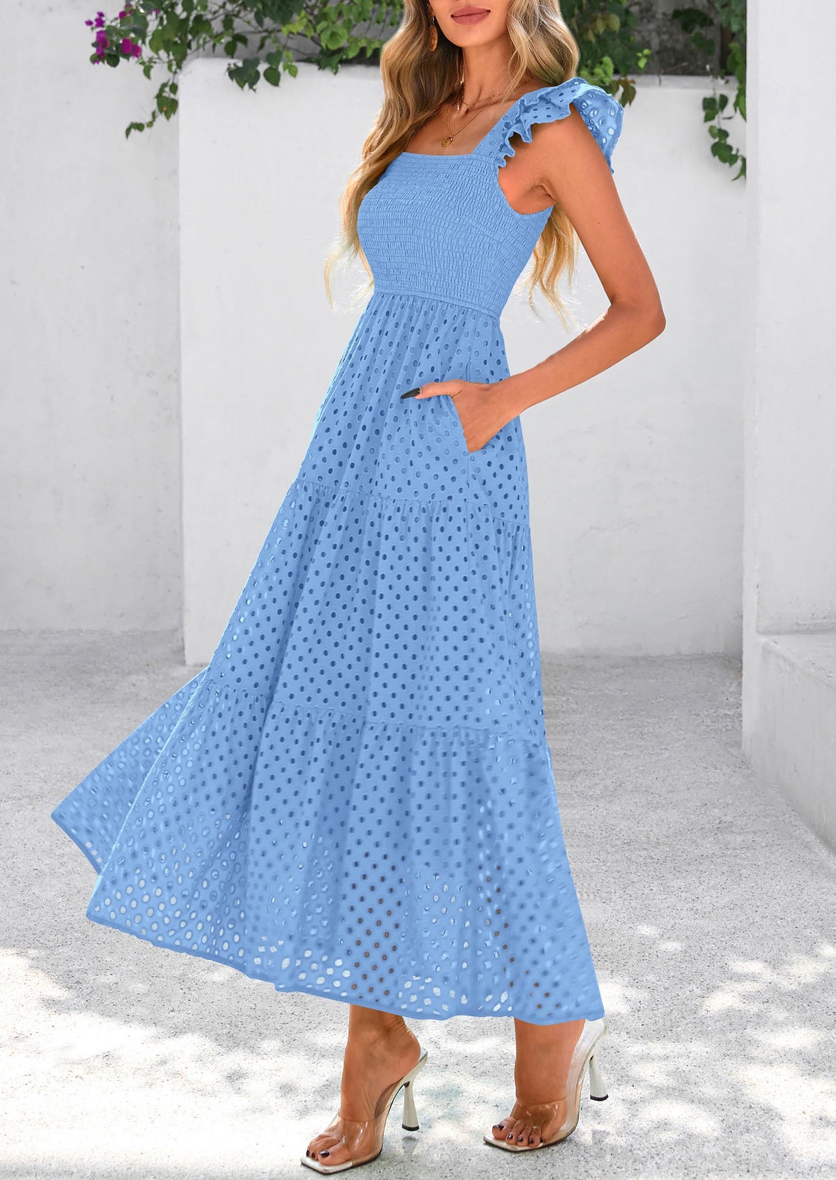 Womens Summer Square Neck Maxi Dresses Cap Sleeve Eyelet Smocked Tiered A Line Flowy Long Dress with Pockets