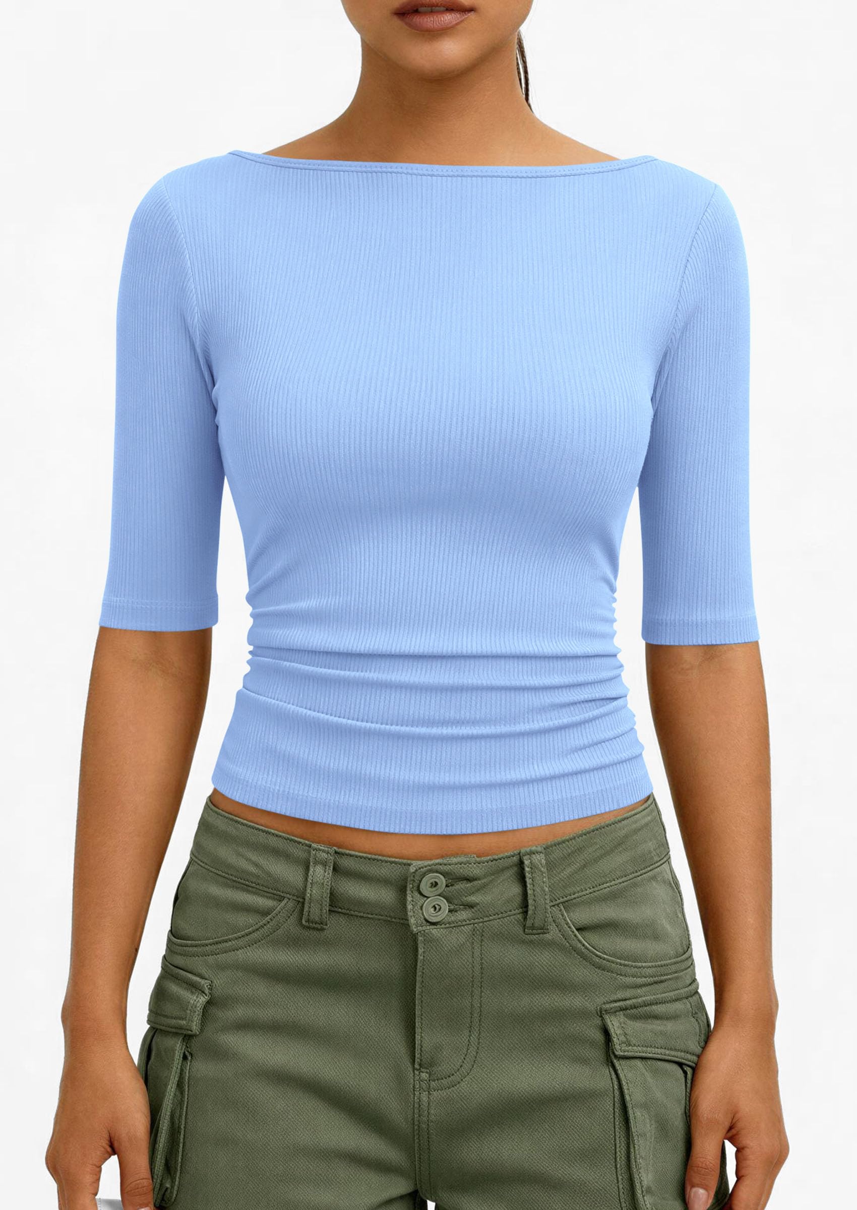 PRETTYGARDEN Womens Summer Short Sleeve Tops Boat Neck Ribbed Knit Slim Fit T Shirt Casual Basic Top Spring Clothes PRETTYGARDEN