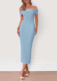 Women's Off The Shoulder Sweater Dresses 2025 Summer Elegant Ribbed Knit Midi Bodycon Wedding Guest Dress