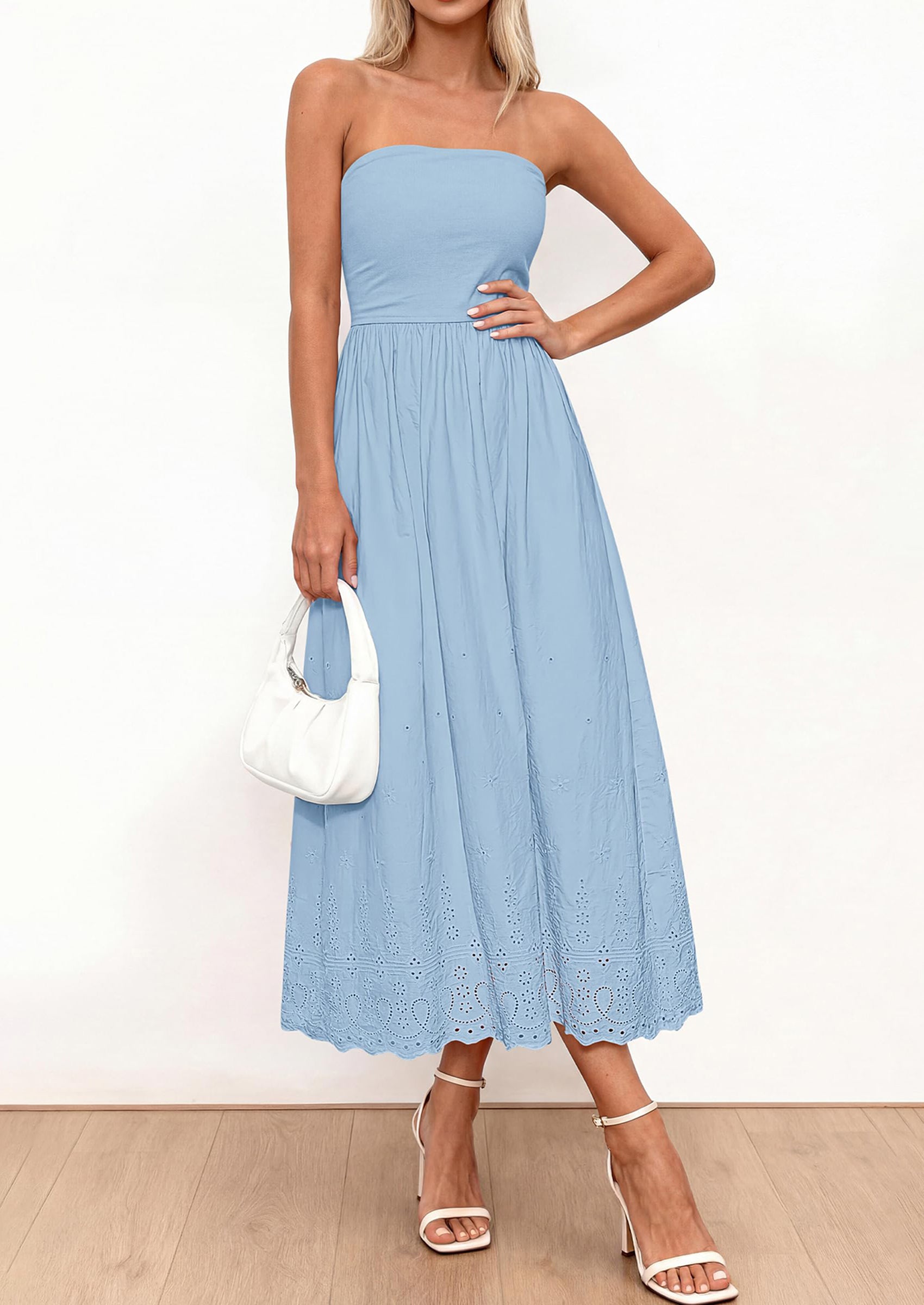 PRETTYGARDEN Womens Summer Dresses Sexy Sleeveless Tube Top Long Dress Eyelet Cotton Maxi Beach Sundress Pockets