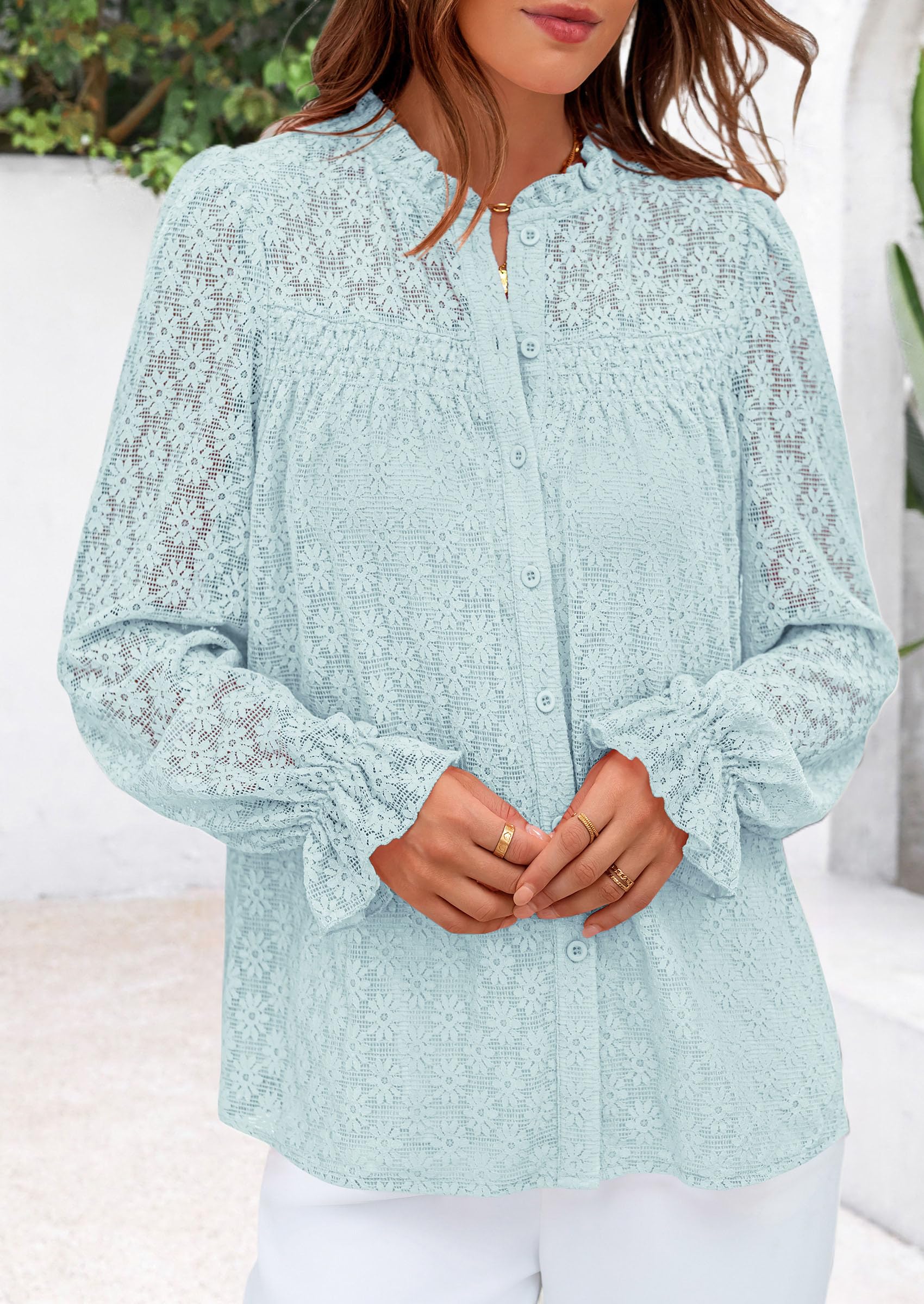 PRETTYGARDEN Lace Long Sleeve Tops for Women Eyelet Blouses Dressy Casual Hollow Out Button Down Shirts Summer Outfits