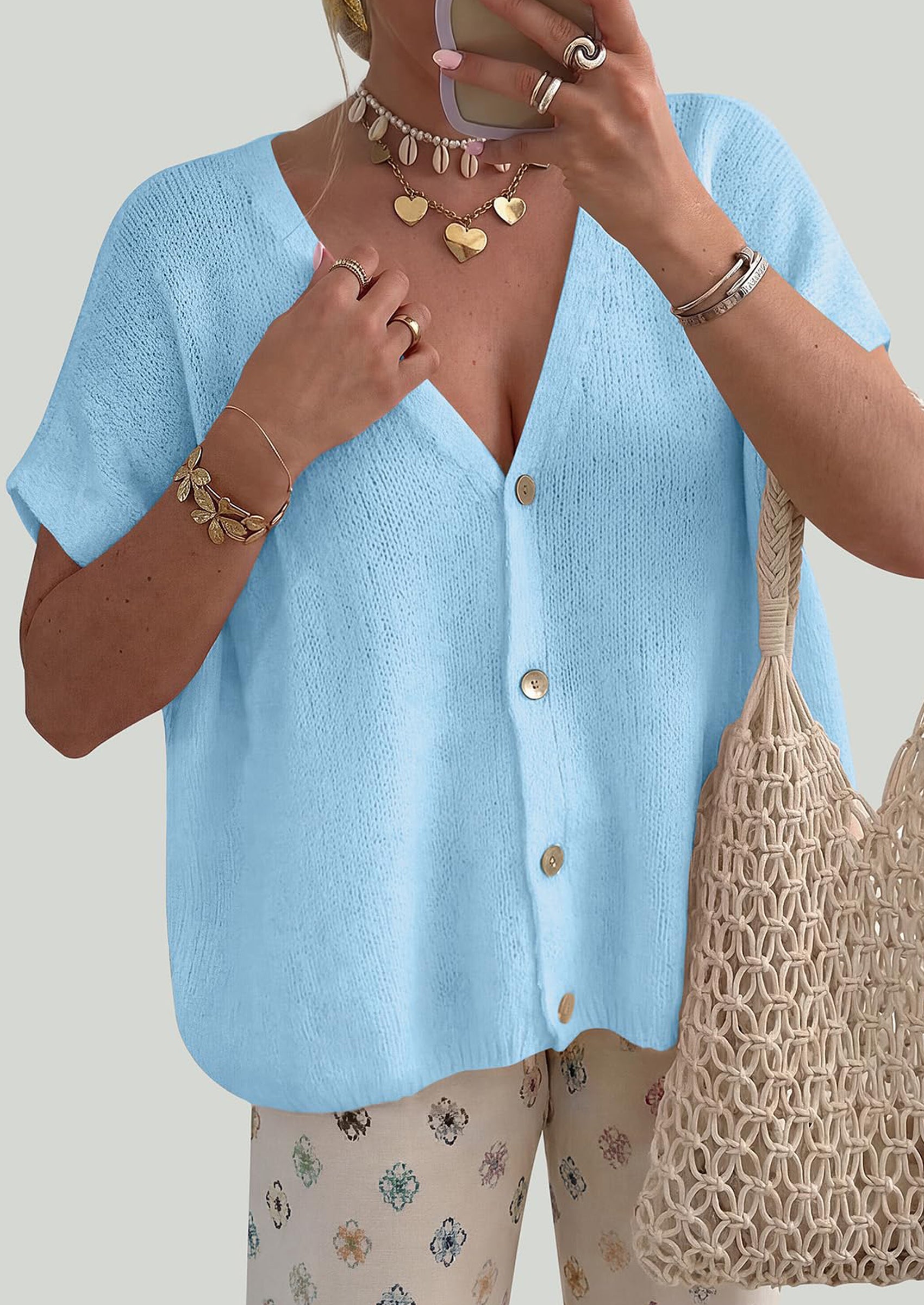 PRETTYGARDEN Batwing Short Sleeve Summer Cardigan Sweaters for Women Lightweight V Neck Button Oversized Sweater Tops PRETTYGARDEN