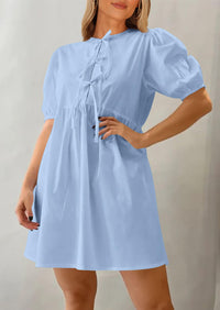 Womens Summer Casual Short Sleeve Dresses A Line Bow Tie Front Babydoll Loose Cute Mini Dress with Pockets