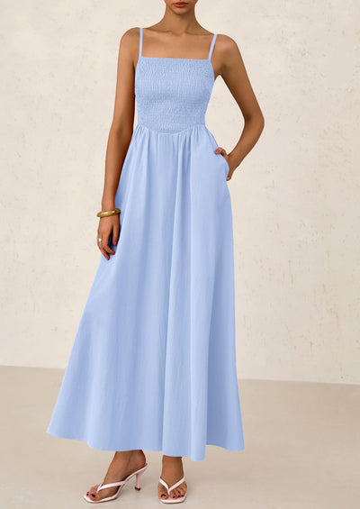 PRETTYGARDEN Women's Smocked Maxi Dresses Beach Sundress Casual Spaghetti Strap Swing A Line Long Flowy Dress