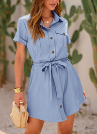 Casual Summer Short Sleeve Button Down V Neck Collared Belted Pocket Dresses