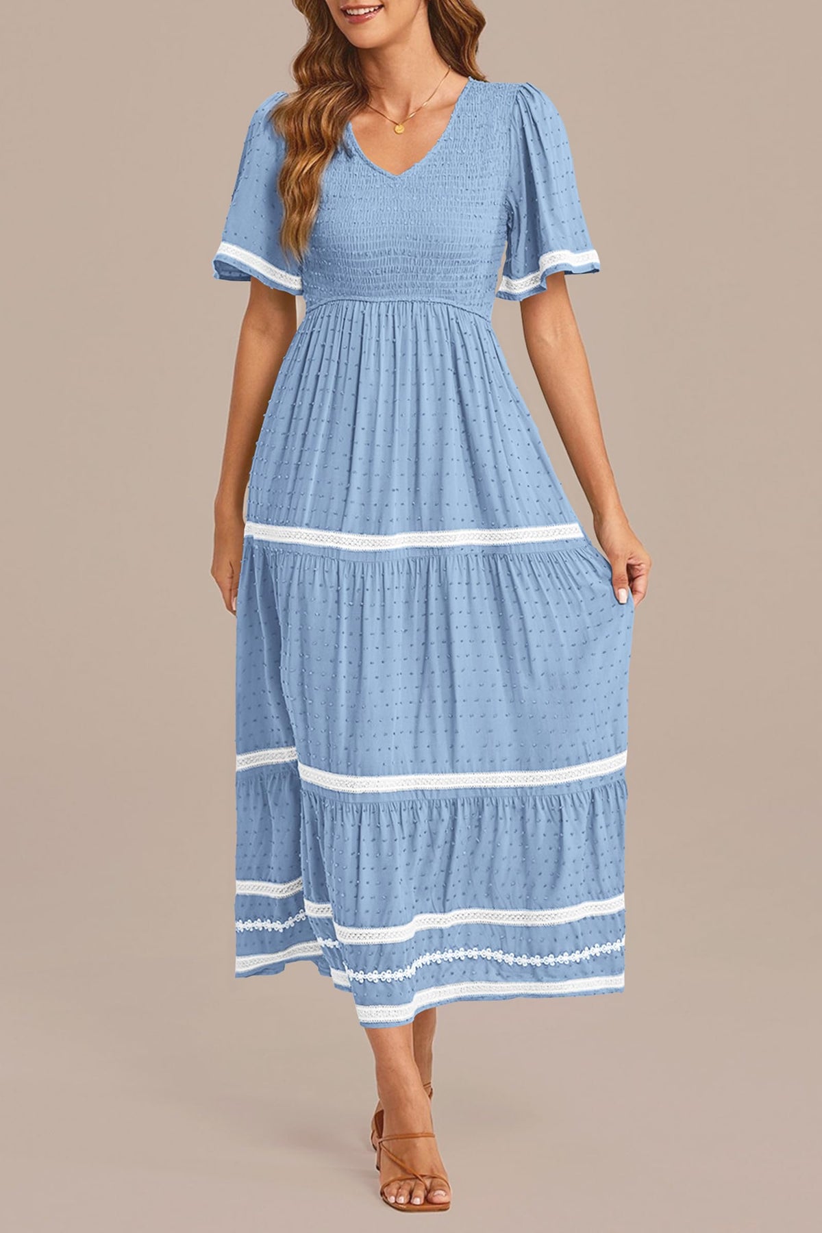 Casual Summer Maxi Dress Short Sleeve Swiss Dot V Neck Smocked Long Flowy Beach Dresses