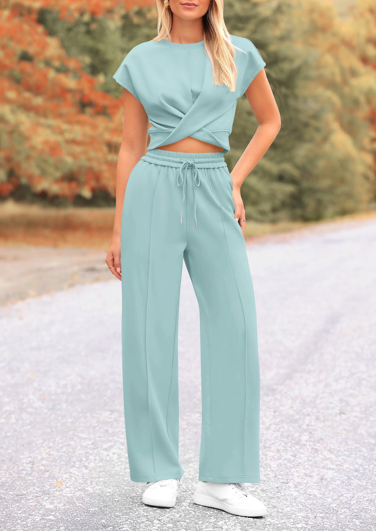 Twist Front Crop T-Shirts Wide Leg Pants Two Piece Sets