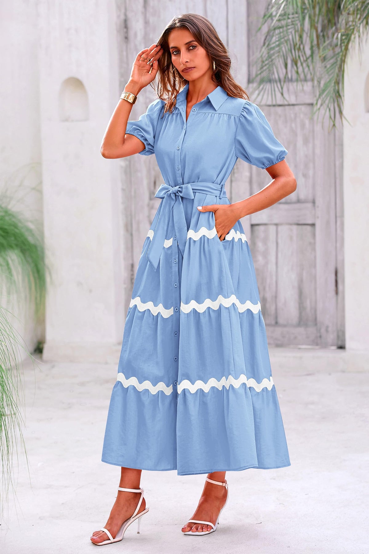 Summer Maxi Button Down Puff Short Sleeve Ruffle Long Flowy Shirt Dresses With Belt