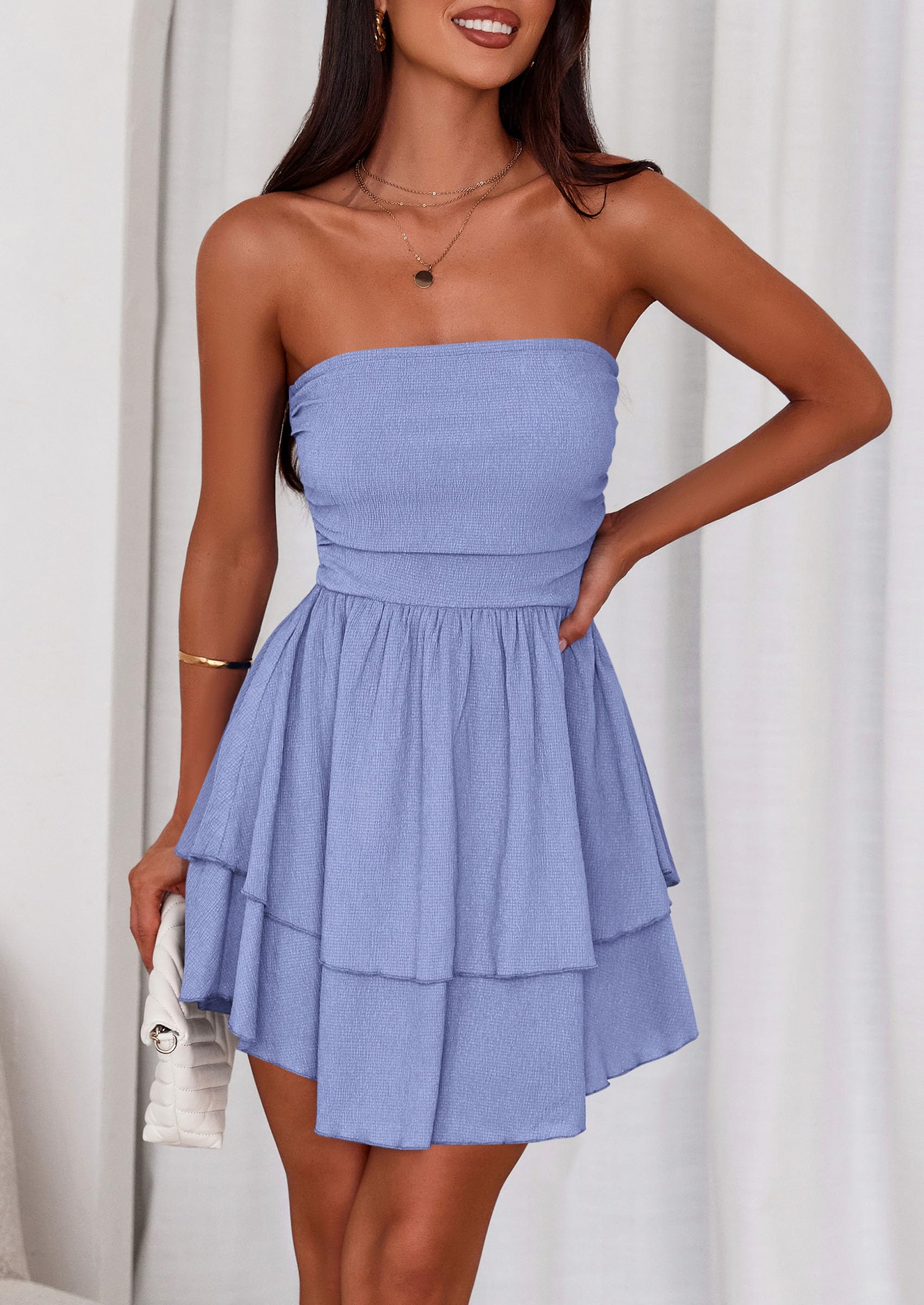 PRETTYGARDEN Women's Summer Strapless Tube Mini Dress Off Shoulder Smocked Ruffle A Line Flowy Short Party Club Dresses