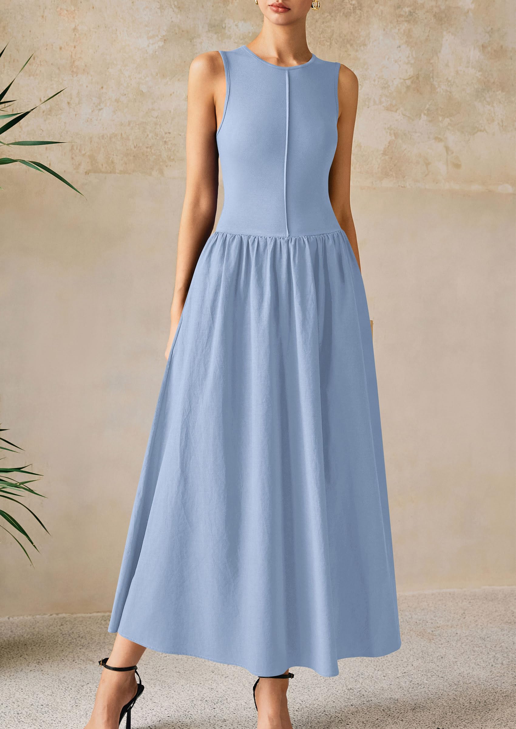 PRETTYGARDEN Women Maxi Dresses Casual Sleeveless Patchwork Knit Tank Dress Flowy Beach Sundress Long Dress