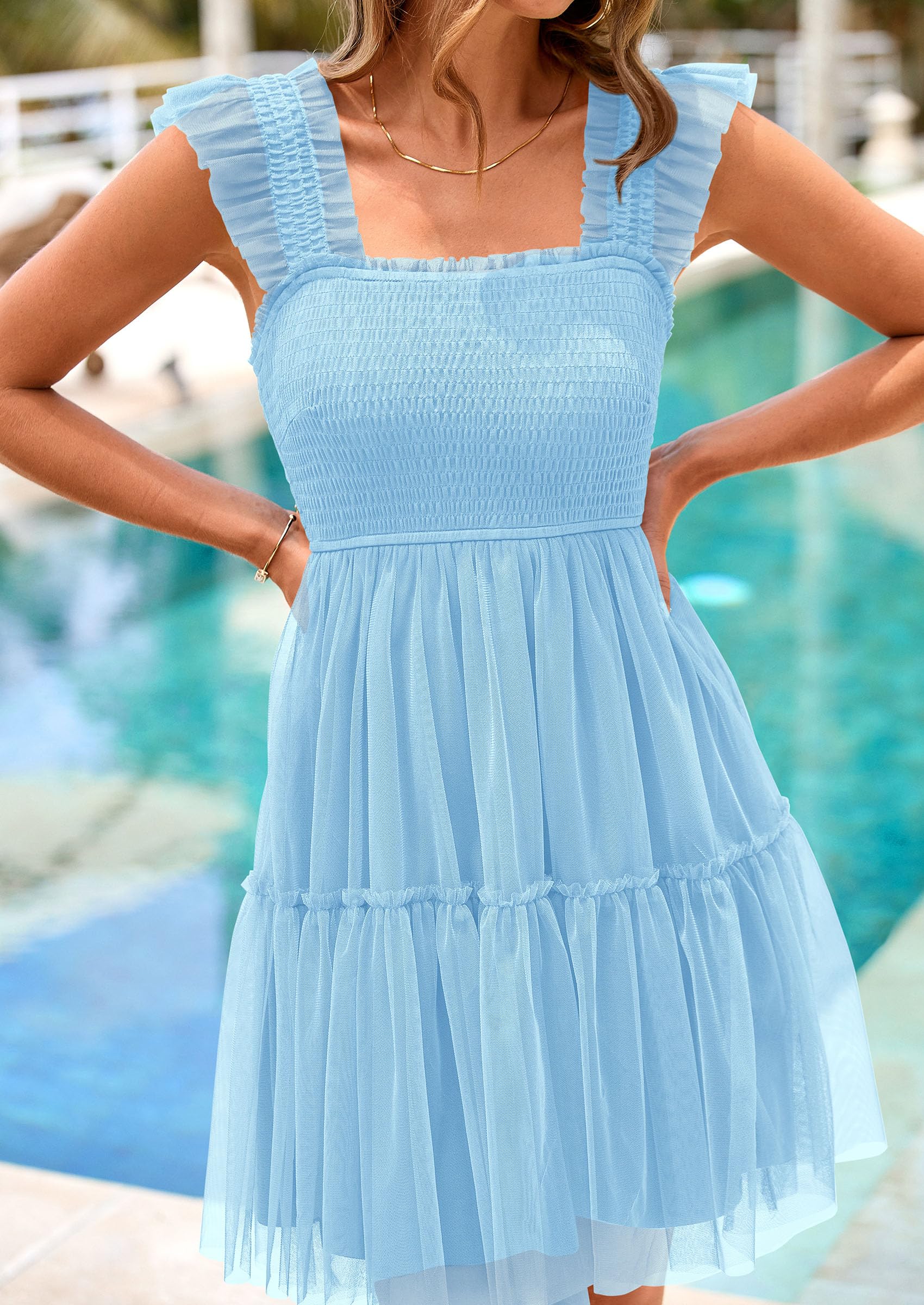 PRETTYGARDEN Womens Trendy Mini Summer Dresses Sleeveless Tulle Ruffle Square Neck Tiered Smocked Beach Vacation Dress