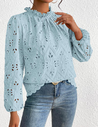 Womens Blouses Dressy Casual Embroidered Long Puff Sleeve Shirts Ruffle Eyelet Lace Top Fall Clothes