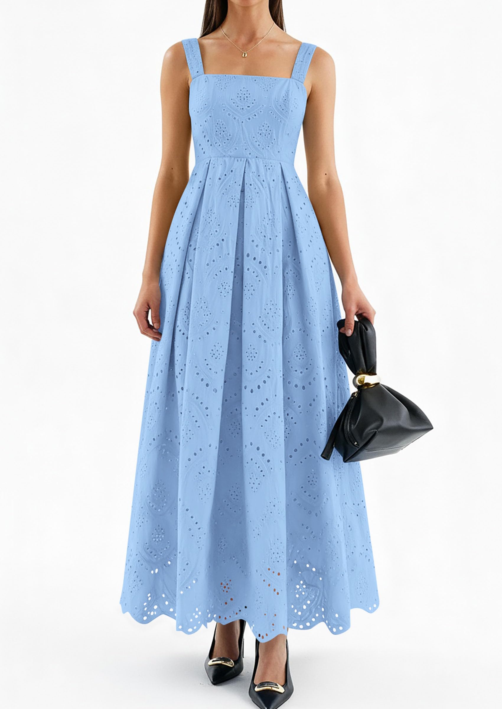 PRETTYGARDEN Womens Sleeveless Maxi Summer Dresses Hollow Out Eyelet Square Neck Ruffle Flowy Beach Vacation Sundress PRETTYGARDEN