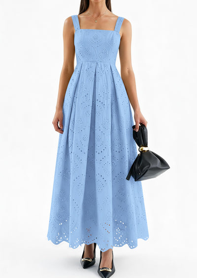 PRETTYGARDEN Womens Sleeveless Maxi Summer Dresses Hollow Out Eyelet Square Neck Ruffle Flowy Beach Vacation Sundress PRETTYGARDEN