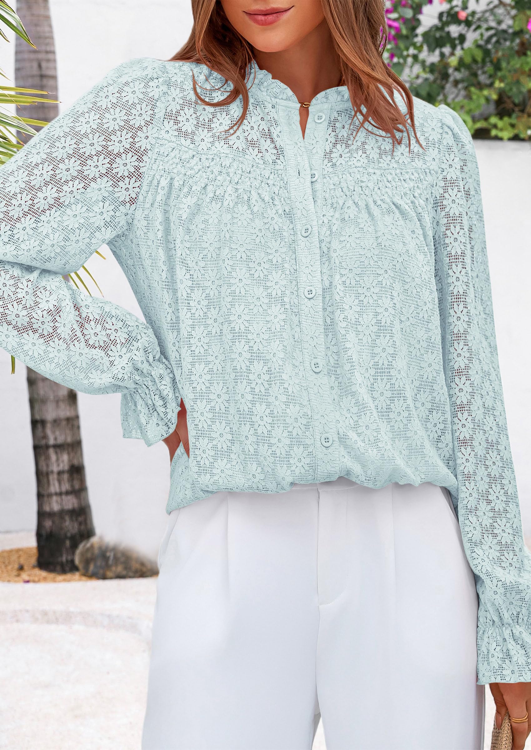 PRETTYGARDEN Lace Long Sleeve Tops for Women Eyelet Blouses Dressy Casual Hollow Out Button Down Shirts Summer Outfits