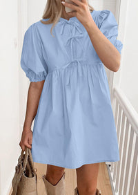 Womens Summer Casual Short Sleeve Dresses A Line Bow Tie Front Babydoll Loose Cute Mini Dress with Pockets