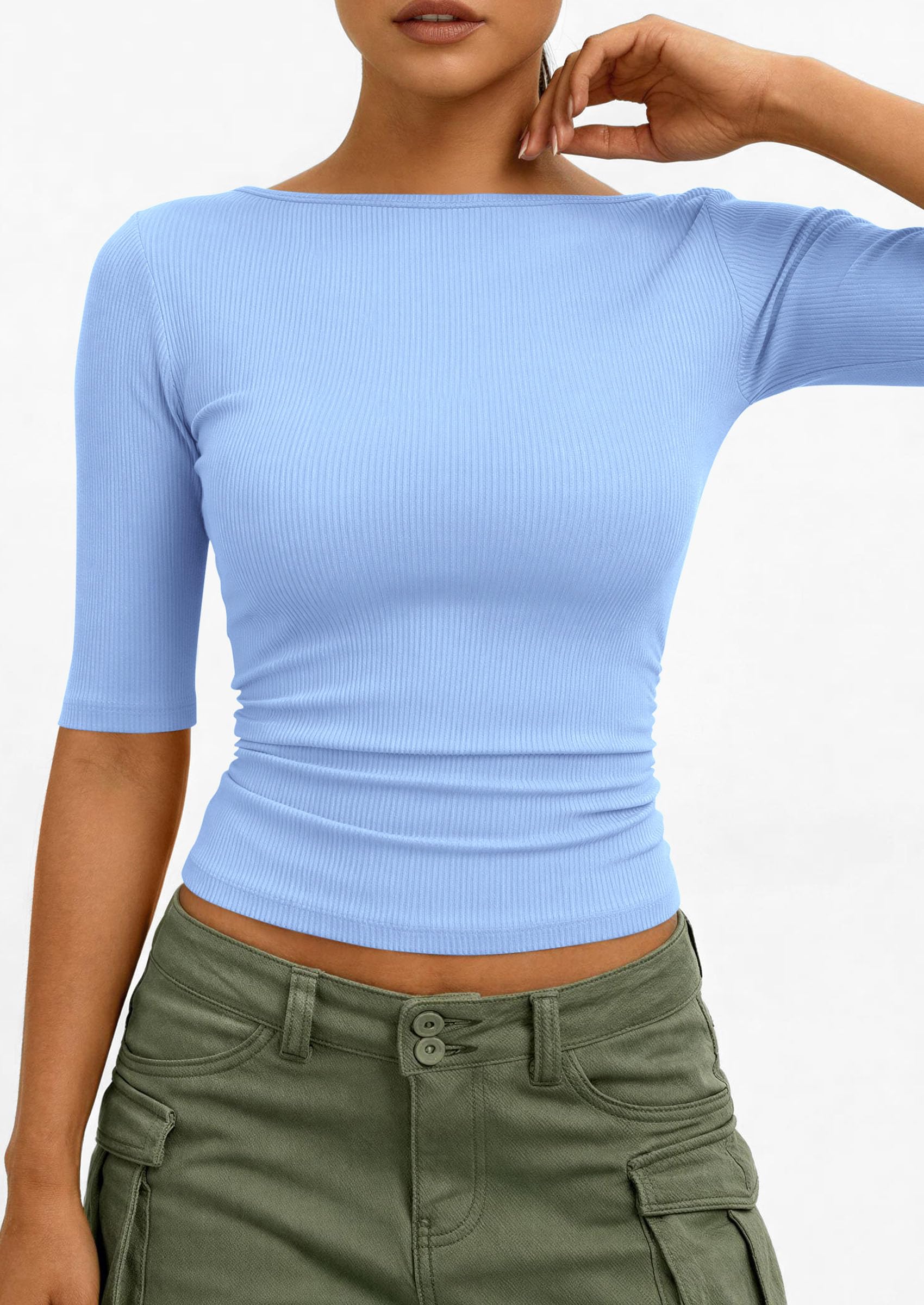 PRETTYGARDEN Womens Summer Short Sleeve Tops Boat Neck Ribbed Knit Slim Fit T Shirt Casual Basic Top Spring Clothes PRETTYGARDEN