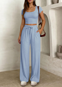 PRETTYGARDEN Women's 2 Piece Matching Lounge Sets Ribbed Short Sleeve Crop Tops Wide Leg Pants Summer Airport Outfits PRETTYGARDEN