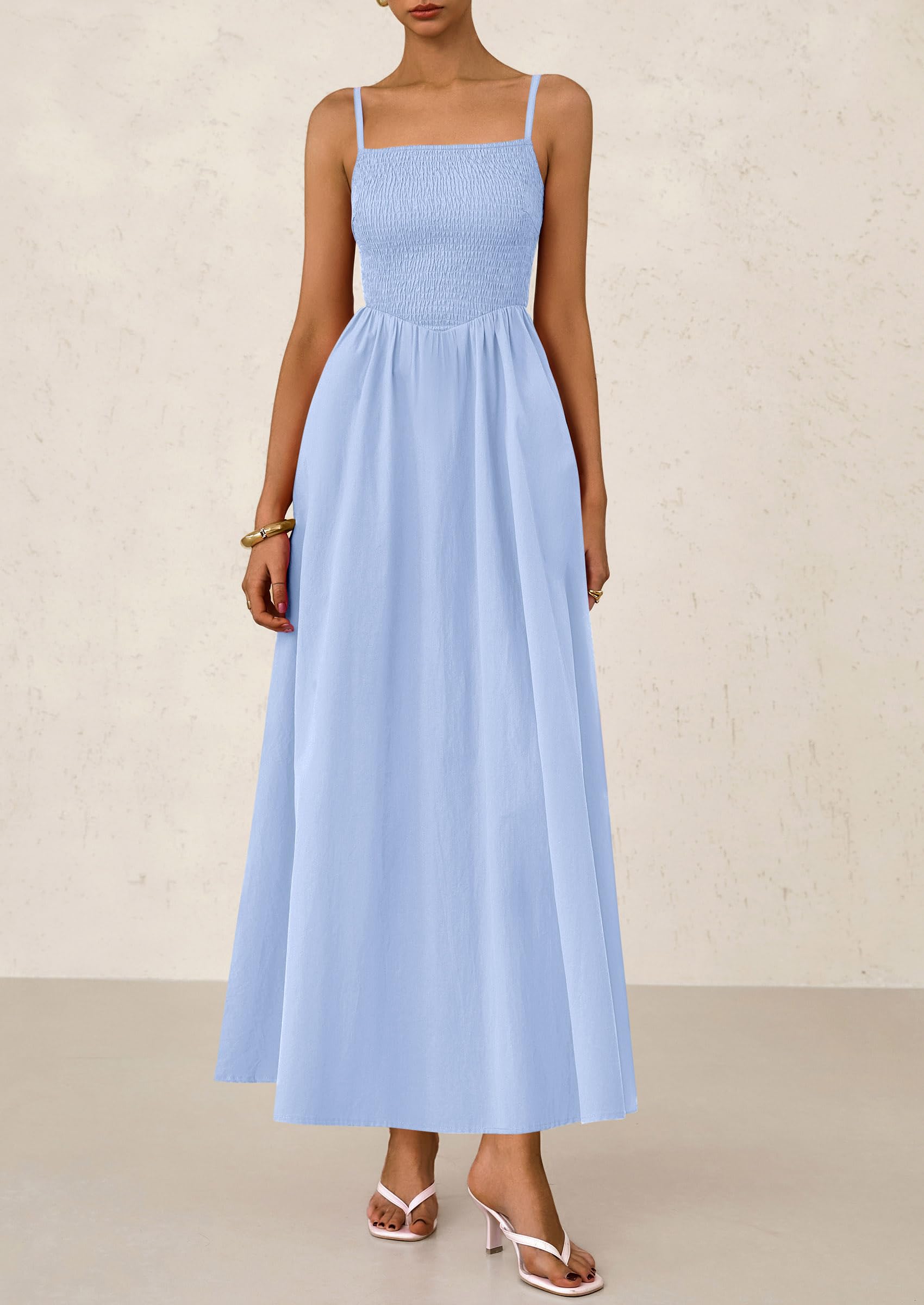 PRETTYGARDEN Women's Smocked Maxi Dresses Beach Sundress Casual Spaghetti Strap Swing A Line Long Flowy Dress