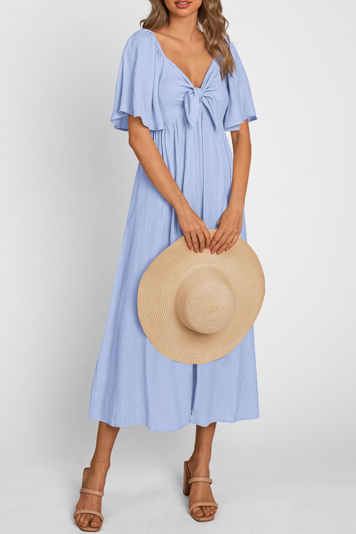 Casual Short Sleeve Bow Tie V Neck Ruffle Flowy Midi Dresses