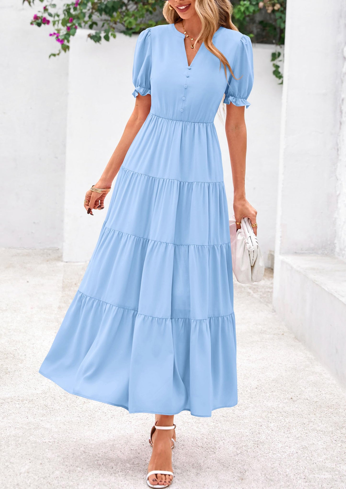 Women's Casual Summer Midi Dress 2025 Spring Short Sleeve V Neck Tiered Flowy Beach Vacation Dress with Pockets