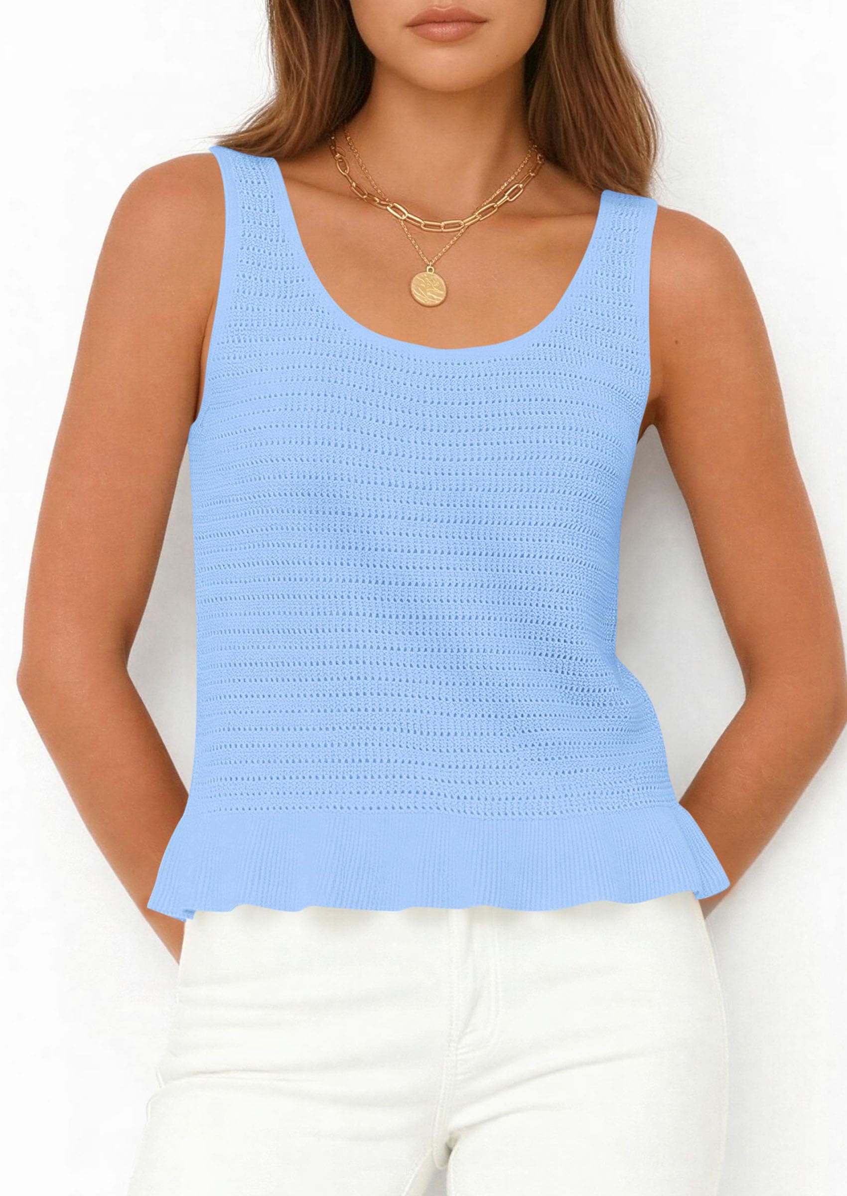 PRETTYGARDEN Womens Spring Crochet Tops Summer Sleeveless Scoop Neck Boho Sweater Tank Top Cute Beach Vacation Clothes PRETTYGARDEN