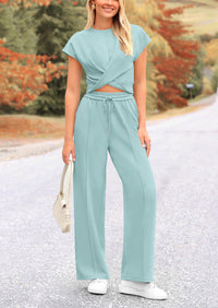 Twist Front Crop T-Shirts Wide Leg Pants Two Piece Sets