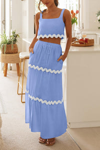 2 Piece Summer Casual Sleeveless Cropped Tank Top High Waisted Maxi Skirt Set