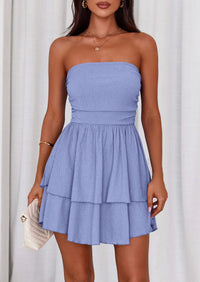 PRETTYGARDEN Women's Summer Strapless Tube Mini Dress Off Shoulder Smocked Ruffle A Line Flowy Short Party Club Dresses