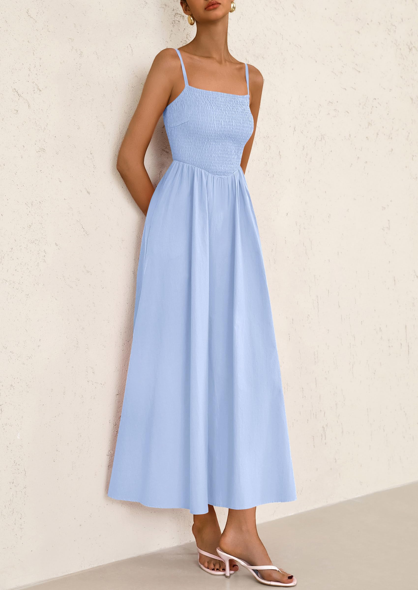 PRETTYGARDEN Women's Smocked Maxi Dresses Beach Sundress Casual Spaghetti Strap Swing A Line Long Flowy Dress