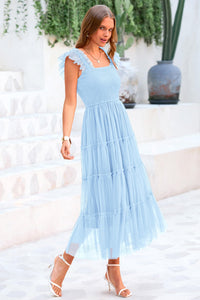 Summer Casual Sleeveless Smocked Ruffle Tulle Flowy Beach Sundress