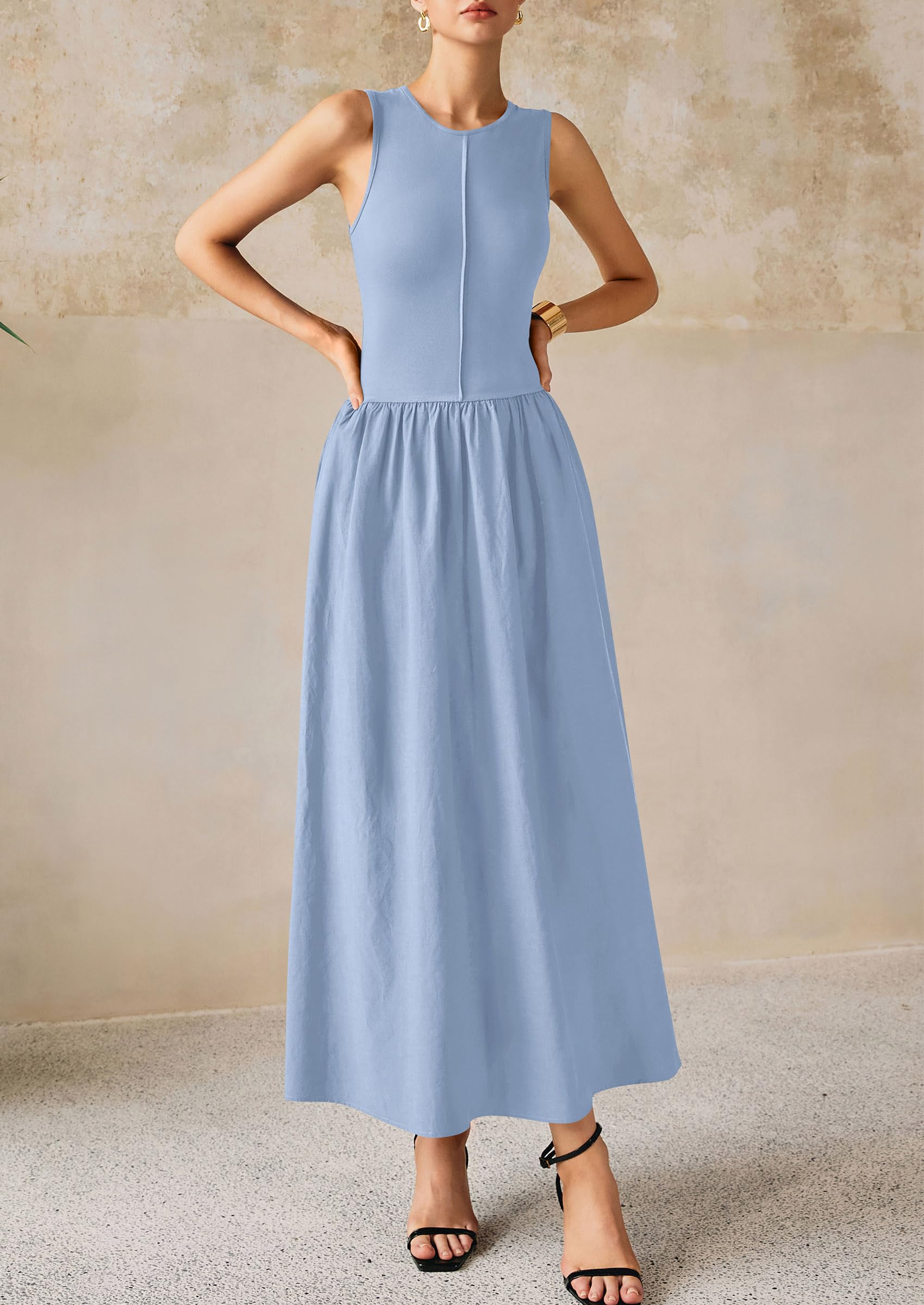 PRETTYGARDEN Women Maxi Dresses Casual Sleeveless Patchwork Knit Tank Dress Flowy Beach Sundress Long Dress