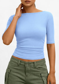 PRETTYGARDEN Womens Summer Short Sleeve Tops Boat Neck Ribbed Knit Slim Fit T Shirt Casual Basic Top Spring Clothes PRETTYGARDEN