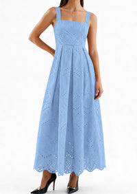 PRETTYGARDEN Womens Sleeveless Maxi Summer Dresses Hollow Out Eyelet Square Neck Ruffle Flowy Beach Vacation Sundress PRETTYGARDEN