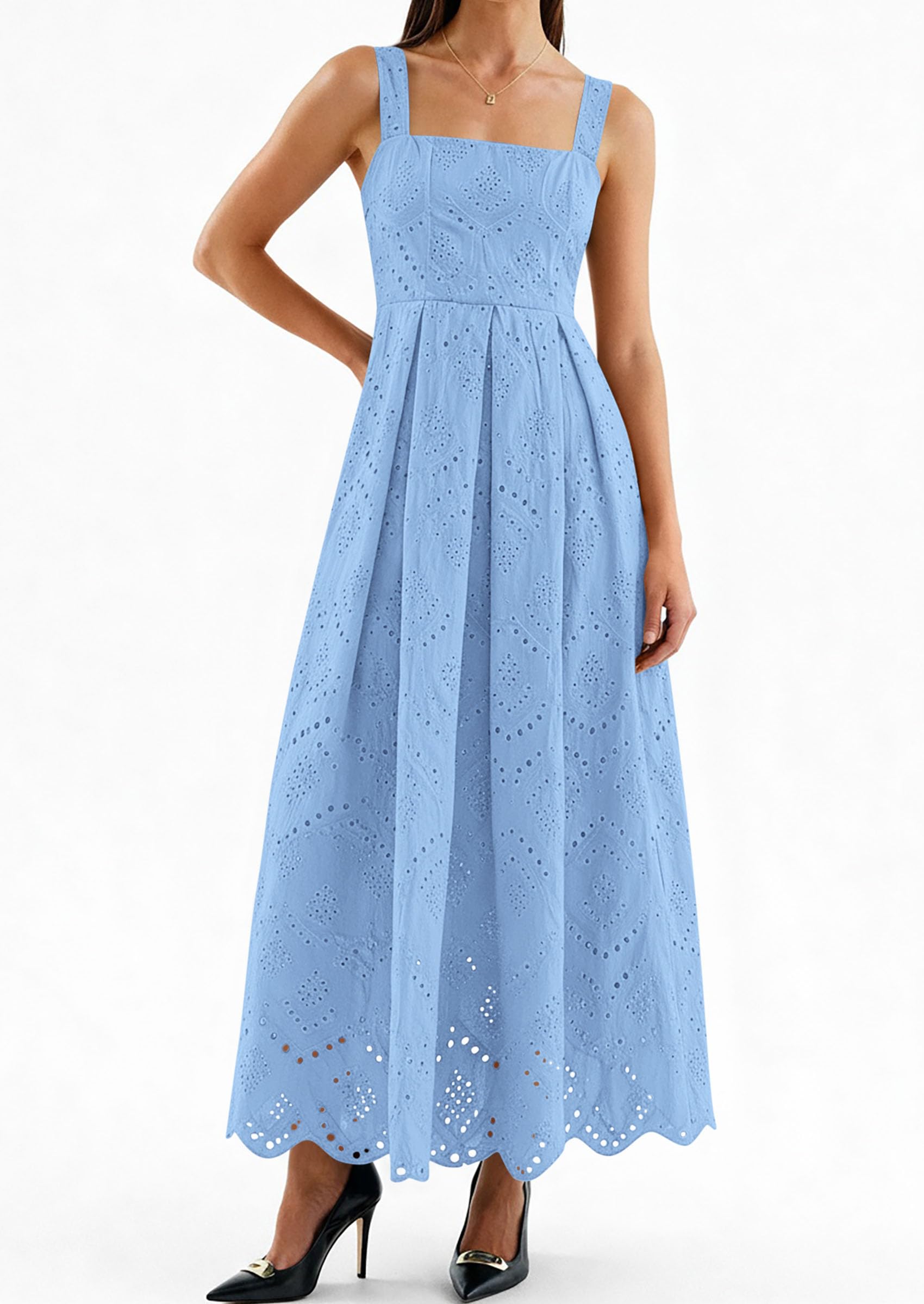 PRETTYGARDEN Womens Sleeveless Maxi Summer Dresses Hollow Out Eyelet Square Neck Ruffle Flowy Beach Vacation Sundress PRETTYGARDEN