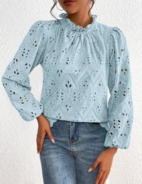 Womens Blouses Dressy Casual Embroidered Long Puff Sleeve Shirts Ruffle Eyelet Lace Top Fall Clothes