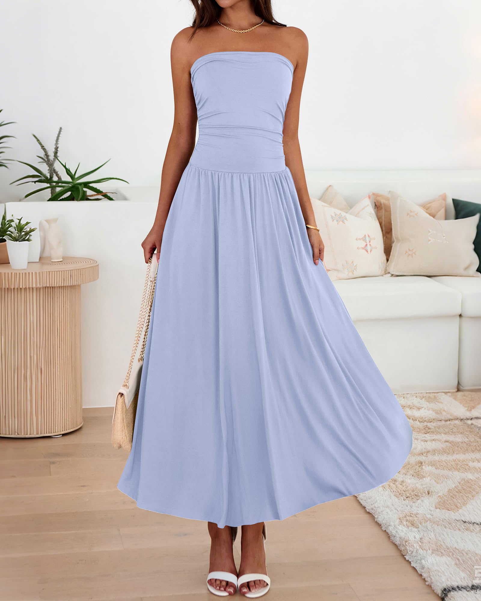 BTFBM Summer Maxi Dresses for Women Strapless Ruched Tube Top Beach Vacation Spring Wedding Guest Dress Pockets PRETTYGARDEN